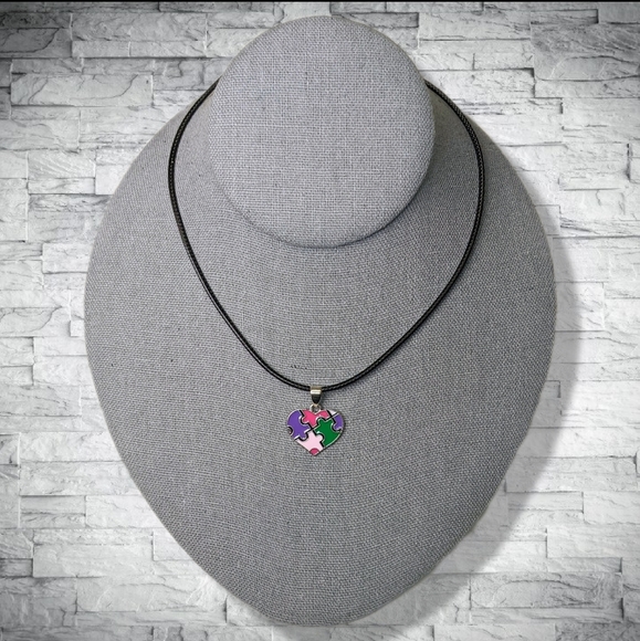 New Autism Awareness Necklace Heart Puzzle Piece Charm Silver Chain Pink - Picture 2 of 8
